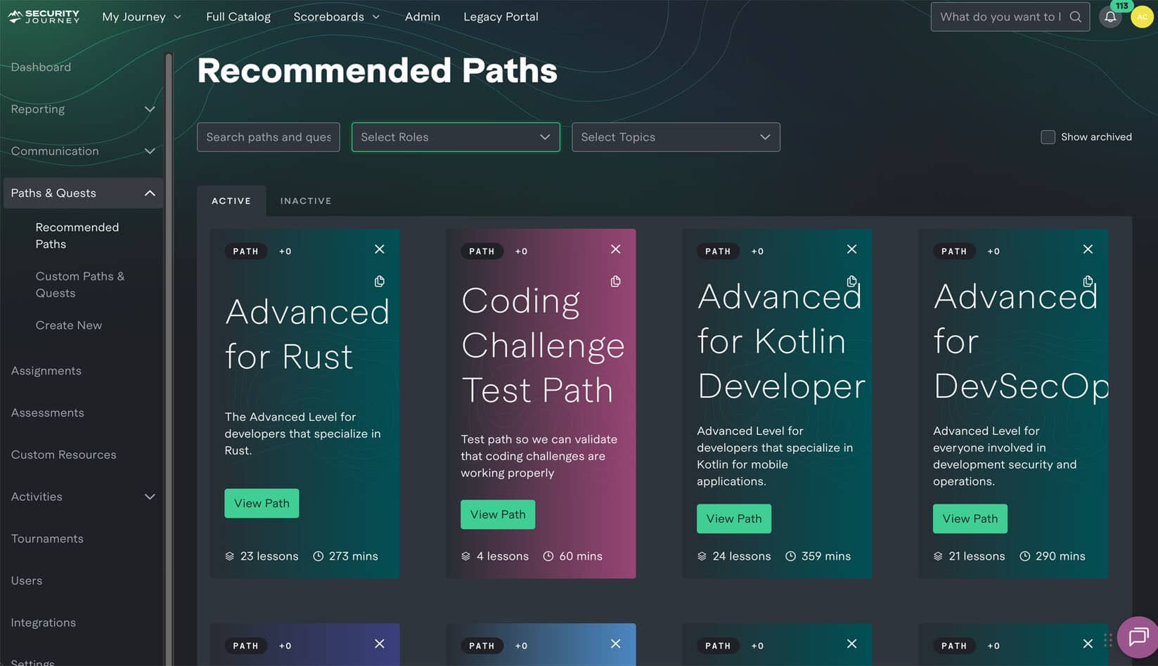 Role-based secure coding learning paths dashboard showing progress for different developer technologies.